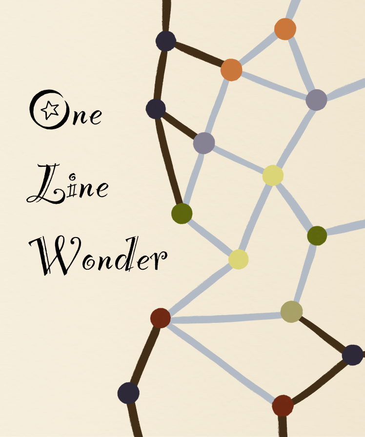 One Line Wonder key art: a graph of coloured nodes joined by pale blue and dark brown edges, with the game's title hand-lettered alongside